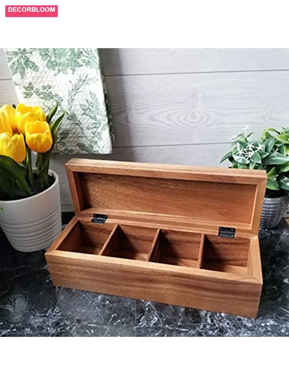 Acacia Wood Tea Storage Chest with 4 Sections